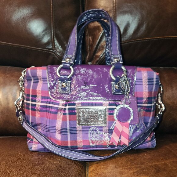 Coach Poppy Tartan Satchel/ Shoulder Bag #15884 - Purple - EUC - Picture 1 of 12